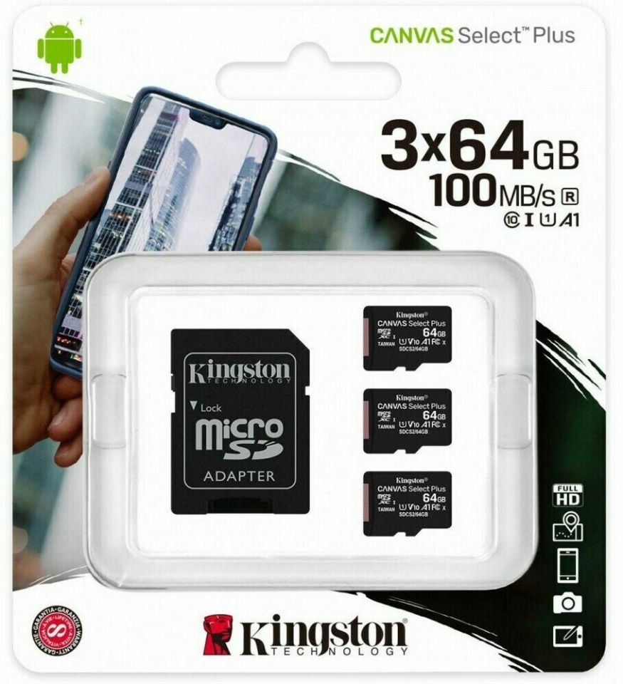 Image of Kingston microSD-XC 64GB*3 Class10 UHS-I U1 A1 + adapter (100R/10W) Canvas Select Plus (IT14840)